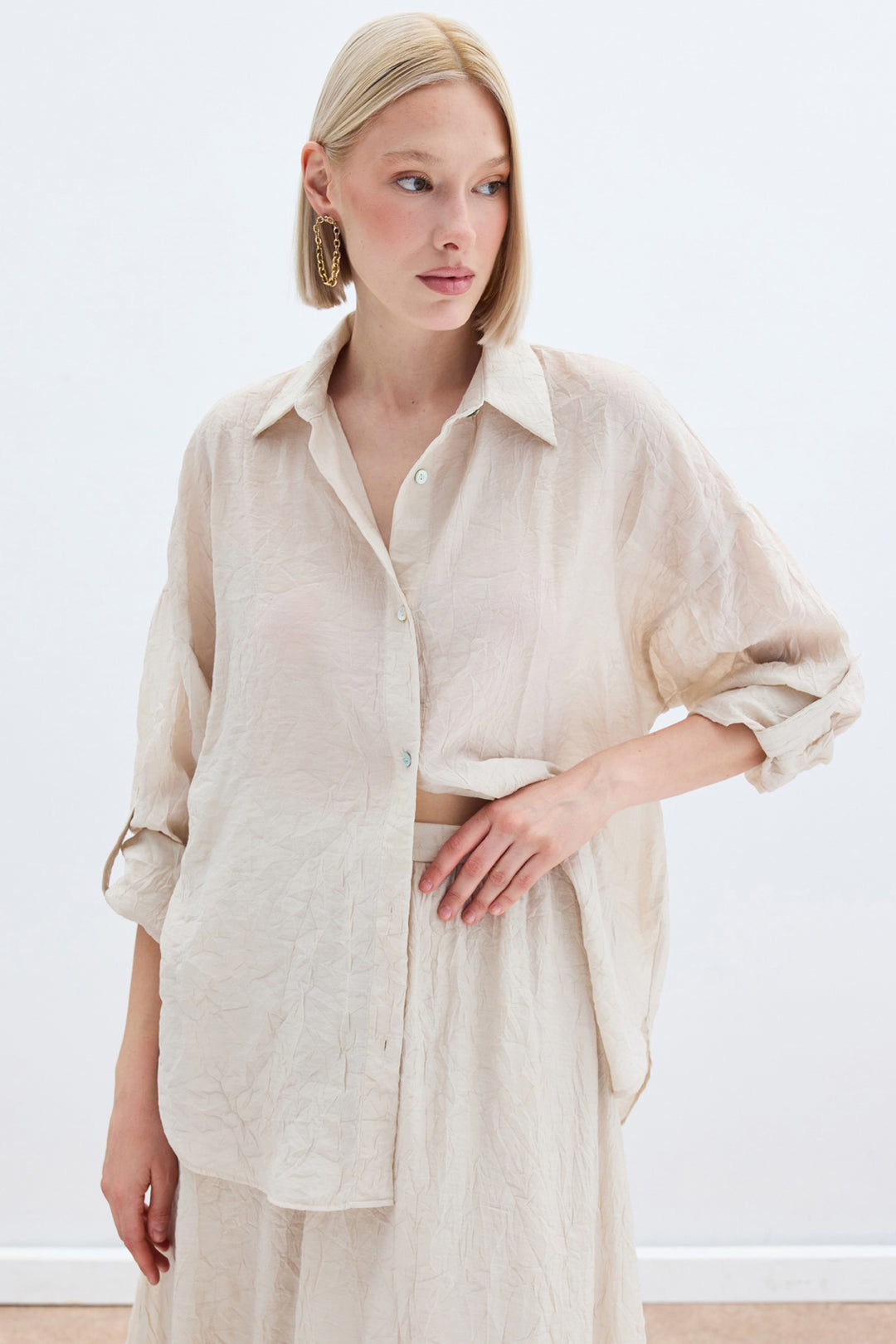 Sateen Chemise Ample avec Détails de Manches - Beige