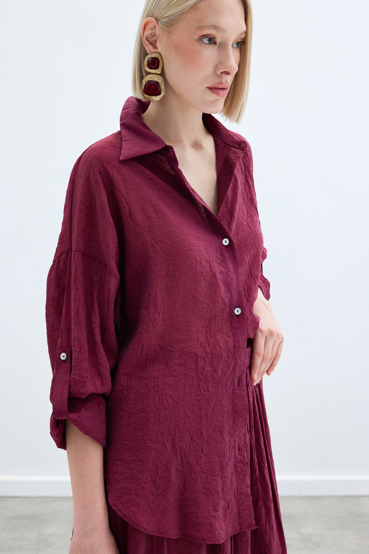 Sateen Chemise Ample à Détails de Manches - Bordeaux