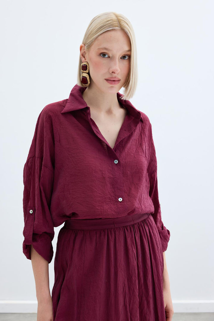 Sateen Chemise Ample à Détails de Manches - Bordeaux