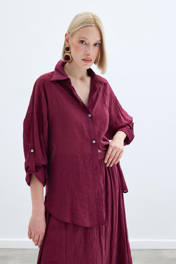 Sateen Chemise Ample à Détails de Manches - Bordeaux