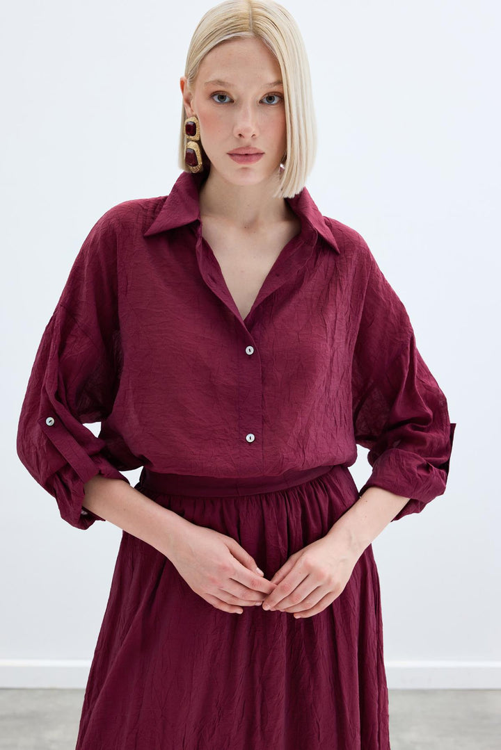 Sateen Chemise Ample à Détails de Manches - Bordeaux
