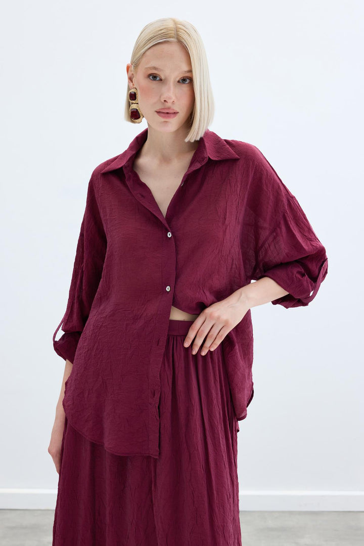 Sateen Chemise Ample à Détails de Manches - Bordeaux