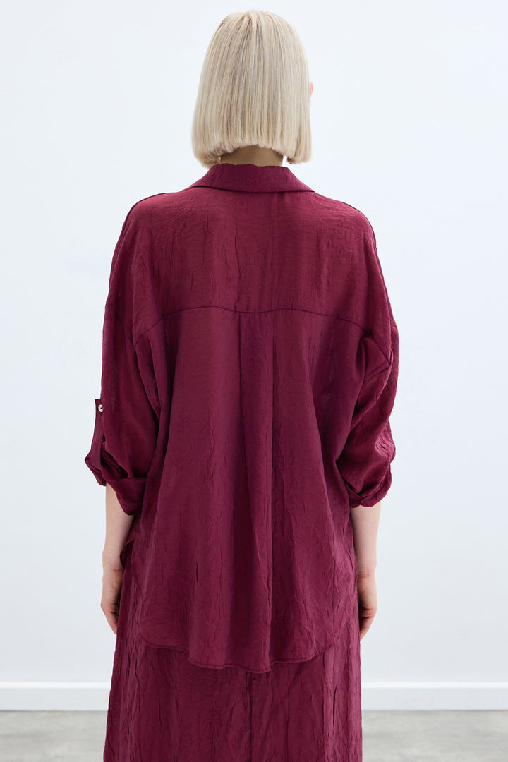 Sateen Chemise Ample à Détails de Manches - Bordeaux