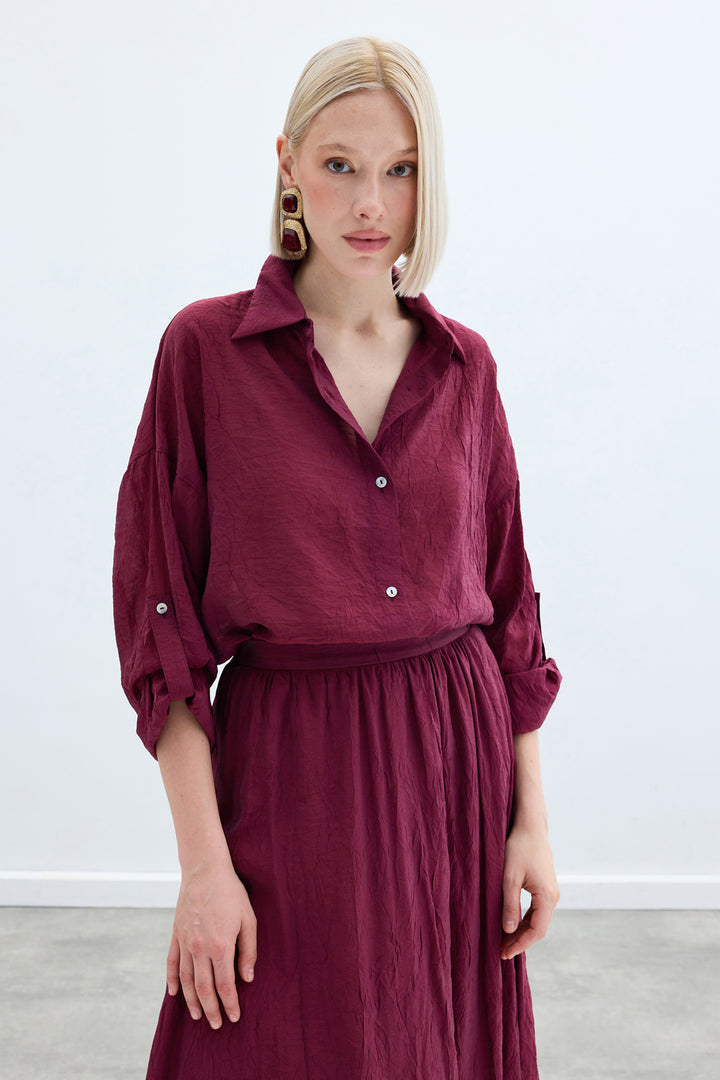 Sateen Chemise Ample à Détails de Manches - Bordeaux