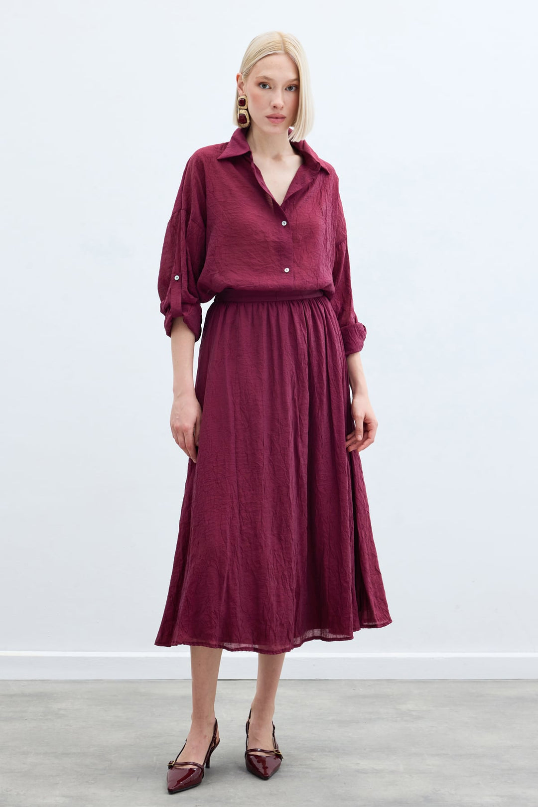 Sateen Chemise Ample à Détails de Manches - Bordeaux