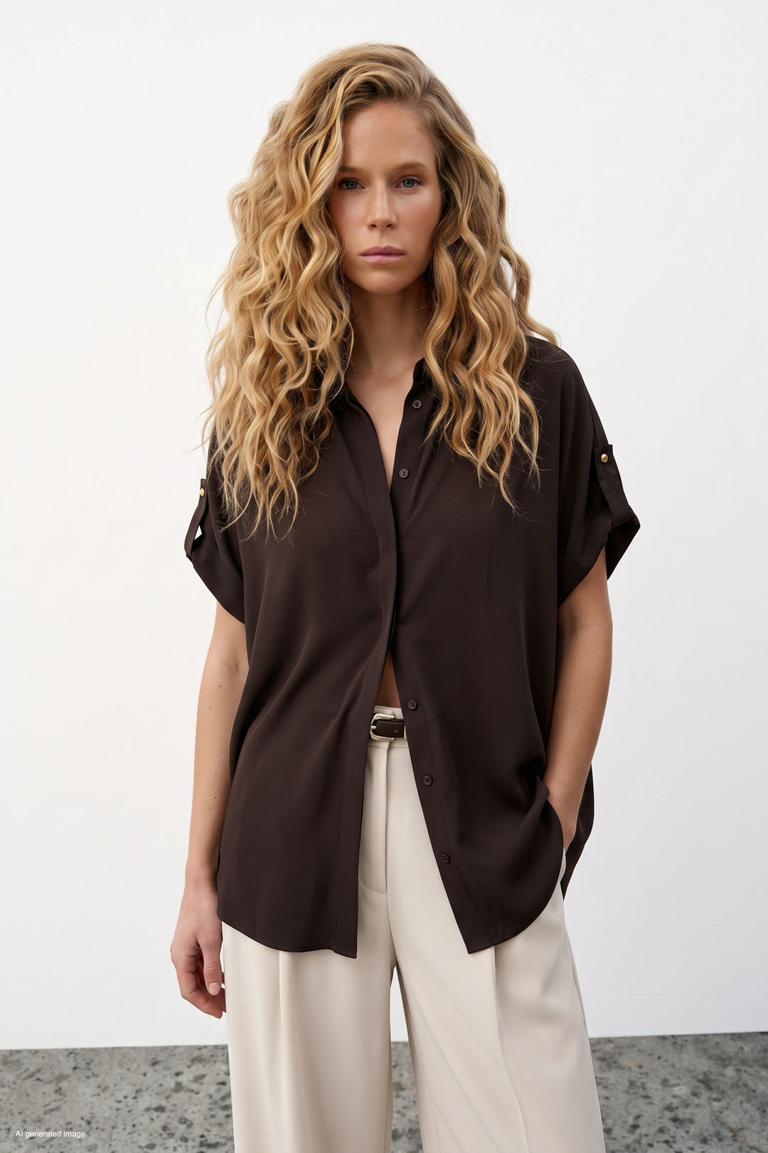 Sateen Chemise ample avec détails aux manches - Marron