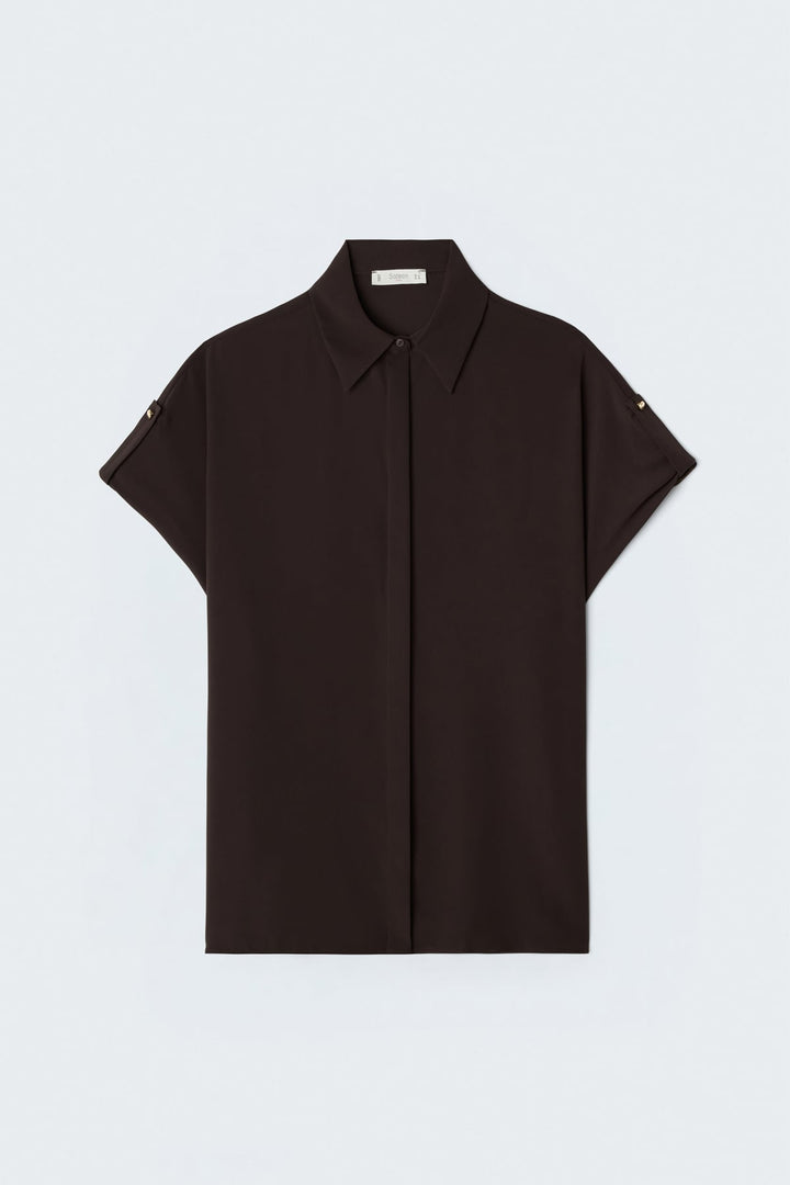 Sateen Chemise ample avec détails aux manches - Marron