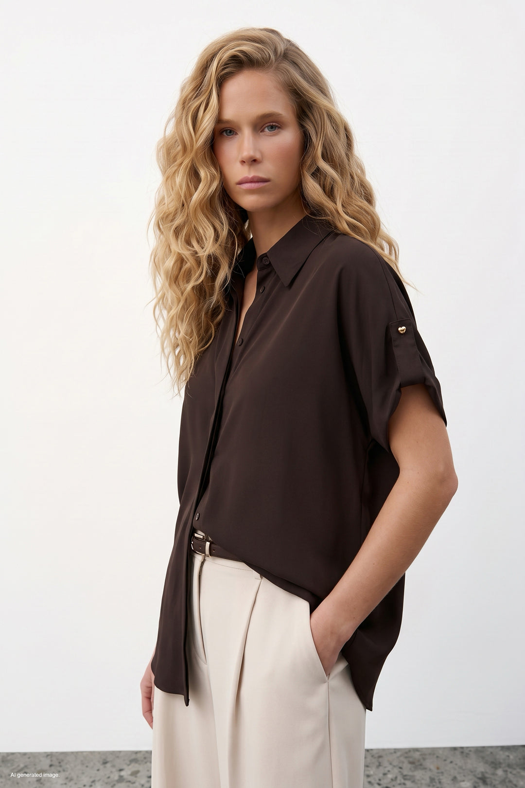 Sateen Chemise ample avec détails aux manches - Marron