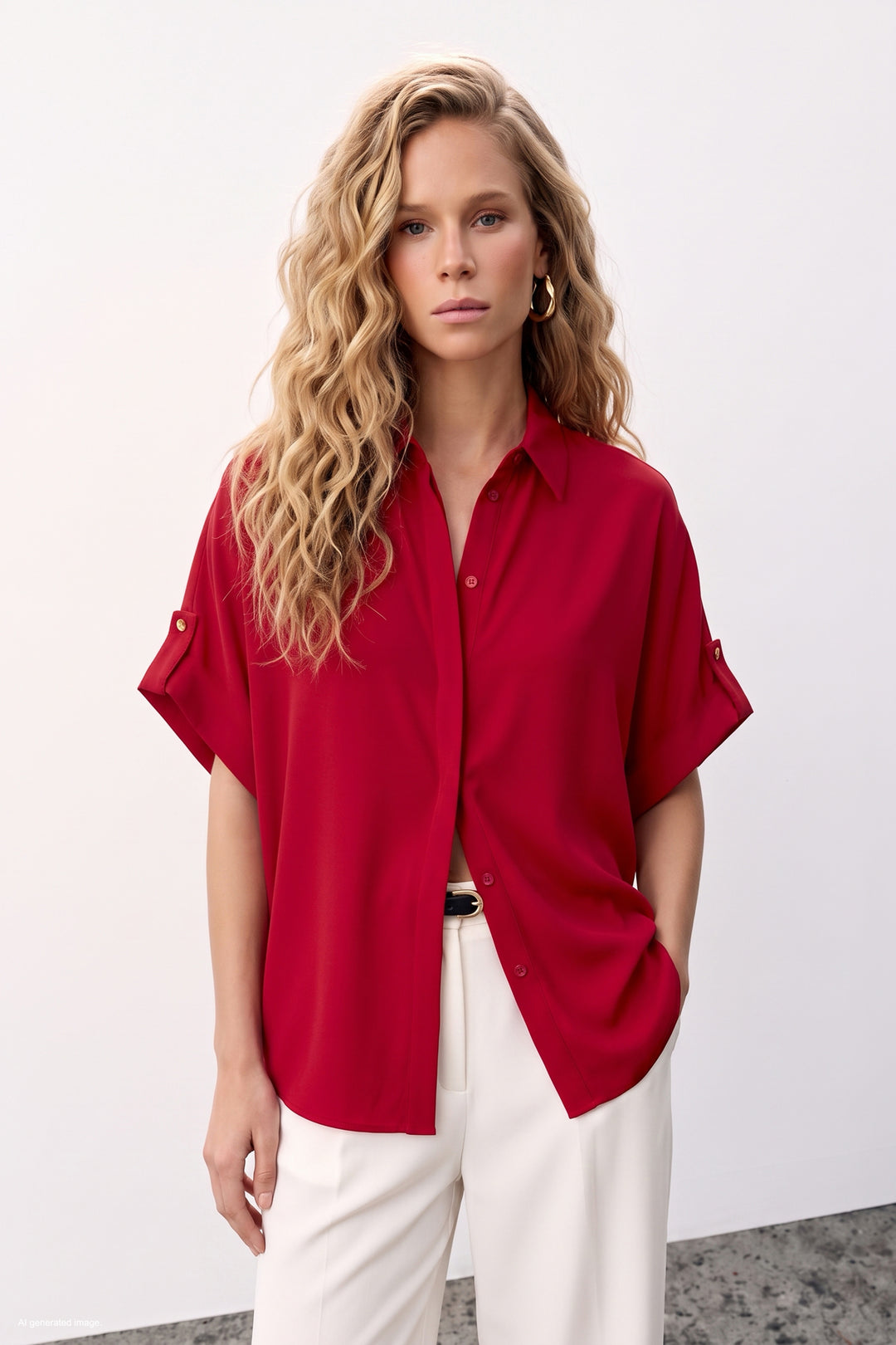 Sateen Chemise ample avec détail aux manches - Rouge