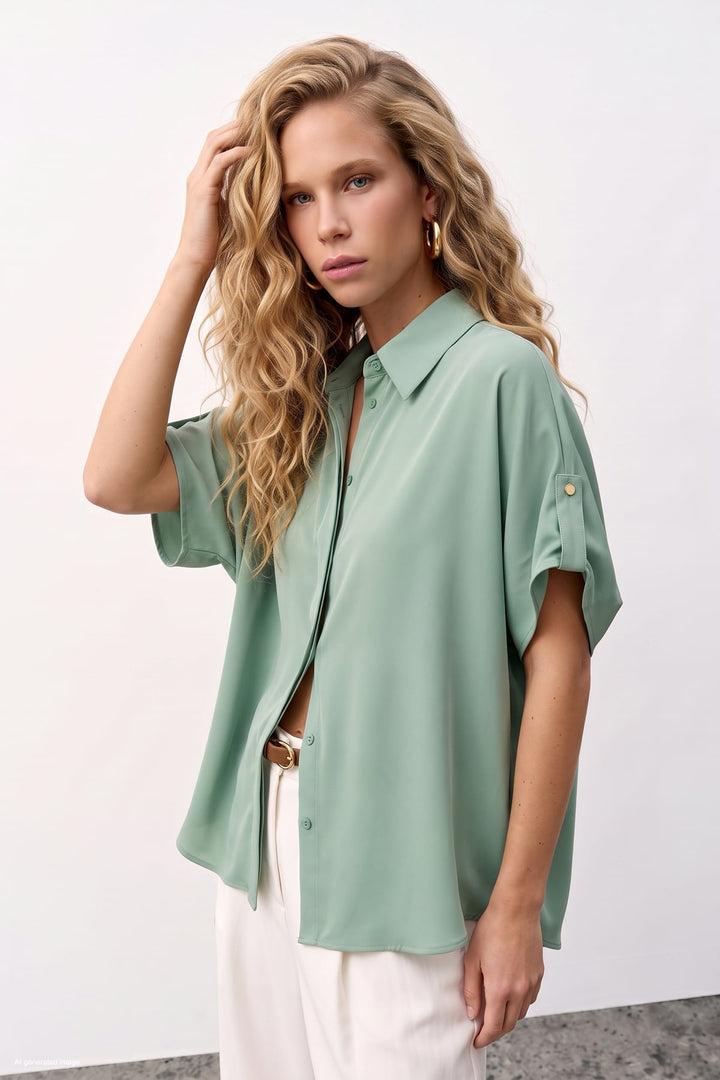 Sateen Chemise Ample à Détail Manches - Menthe