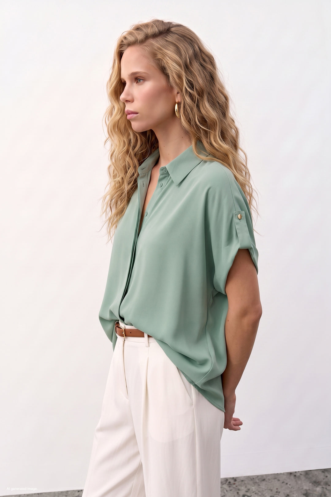 Sateen Chemise Ample à Détail Manches - Menthe
