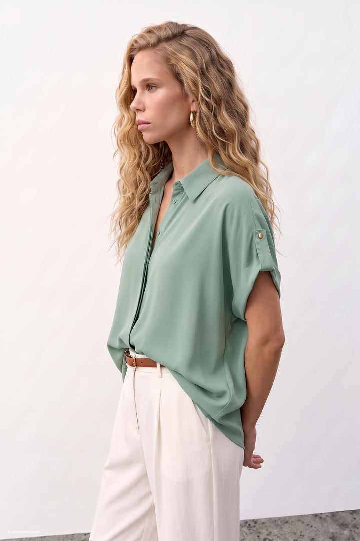 Sateen Chemise Ample à Détail Manches - Menthe