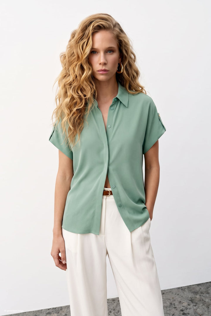 Sateen Chemise Ample à Détail Manches - Menthe