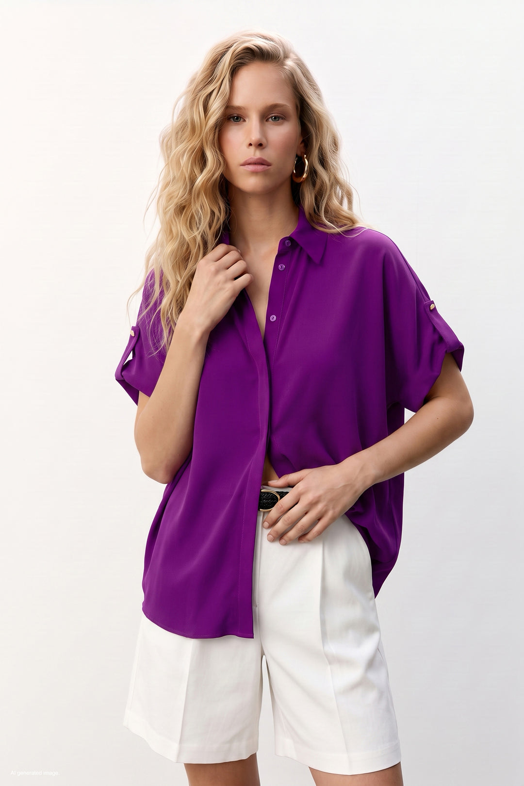 Sateen Chemise ample avec détail aux manches - Violet