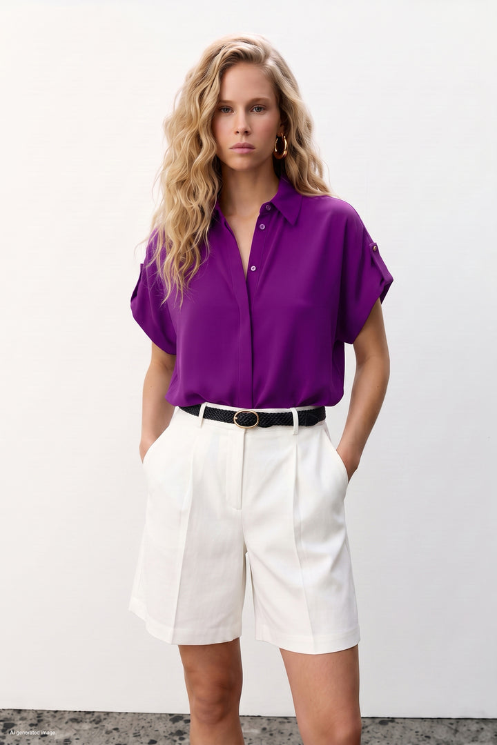 Sateen Chemise ample avec détail aux manches - Violet