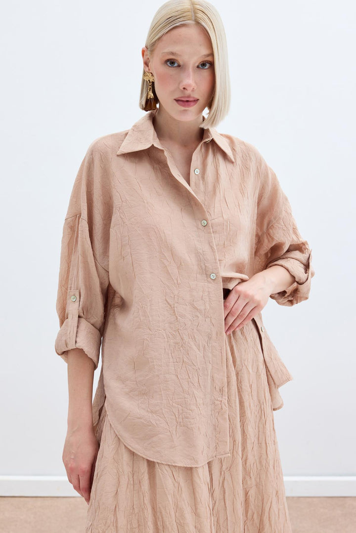 Sateen Chemise Ample à Détails de Manches - Poudre