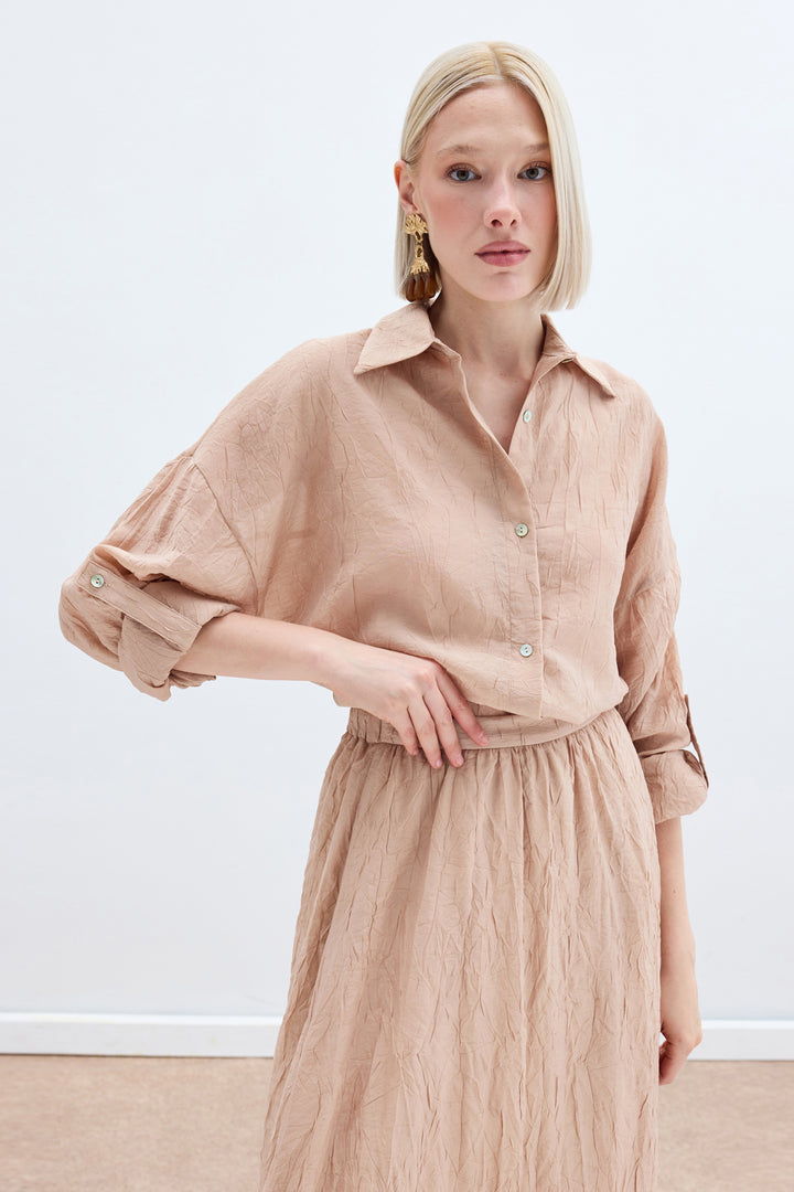 Sateen Chemise Ample à Détails de Manches - Poudre