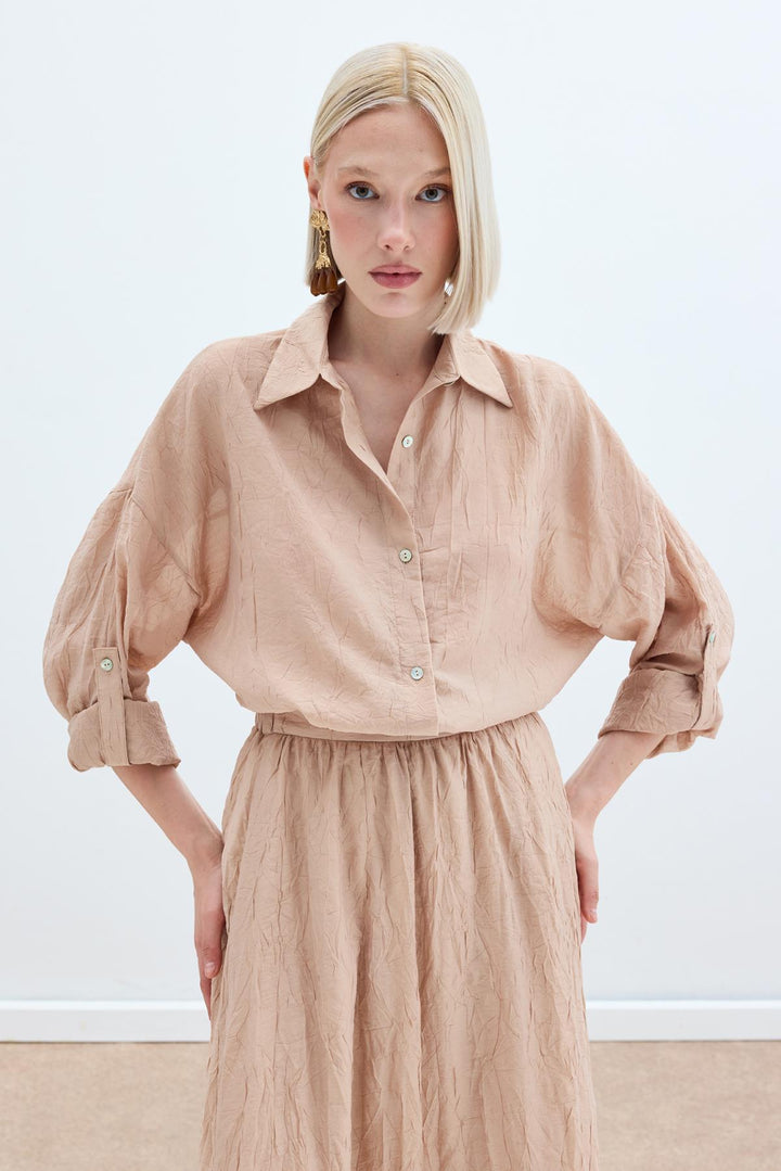 Sateen Chemise Ample à Détails de Manches - Poudre