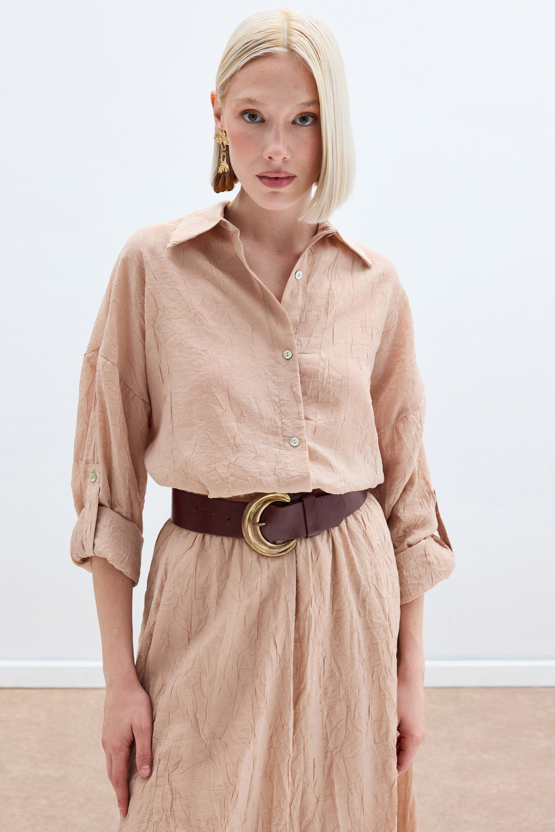 Sateen Chemise Ample à Détails de Manches - Poudre