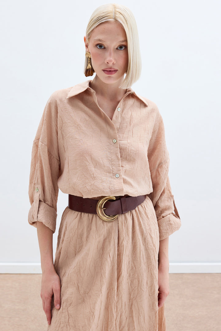 Sateen Chemise Ample à Détails de Manches - Poudre