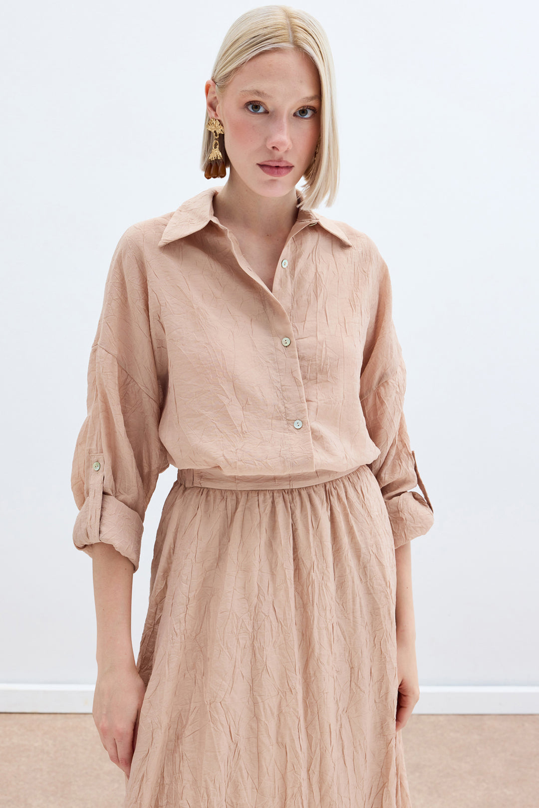 Sateen Chemise Ample à Détails de Manches - Poudre