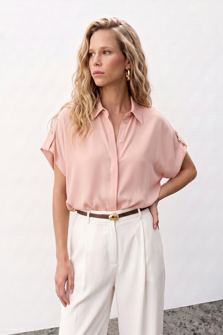 Sateen Chemise Ample à Détail Manches - Poudre