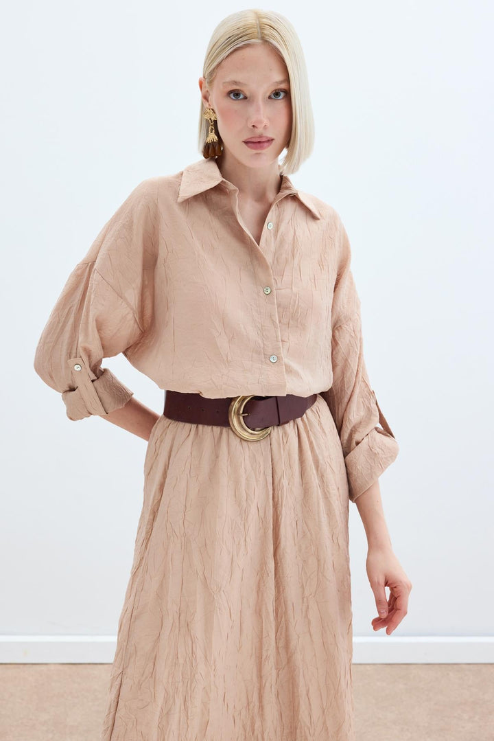 Sateen Chemise Ample à Détails de Manches - Poudre