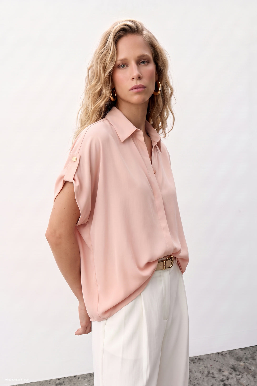 Sateen Chemise Ample à Détail Manches - Poudre