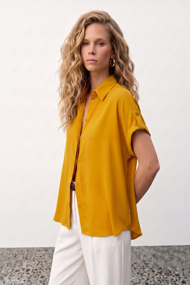 Sateen Chemise Ample à Détail Manches - safran