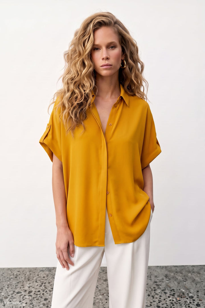 Sateen Chemise Ample à Détail Manches - safran