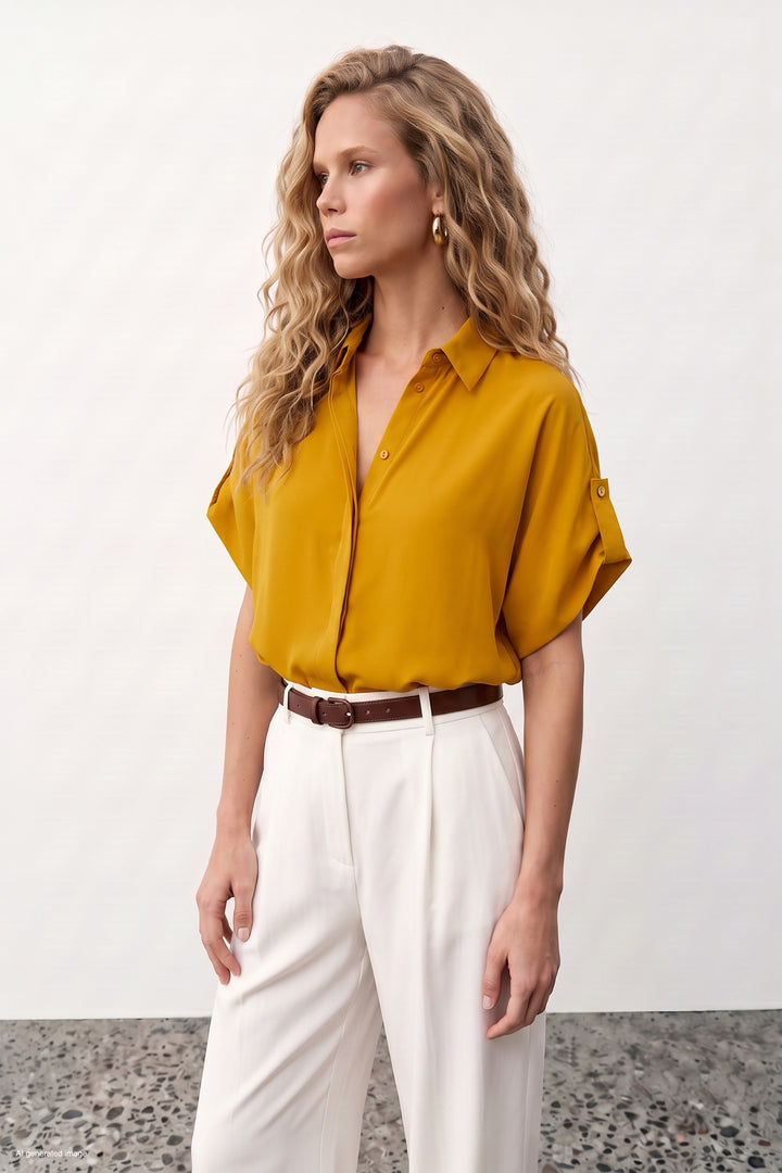 Sateen Chemise Ample à Détail Manches - safran
