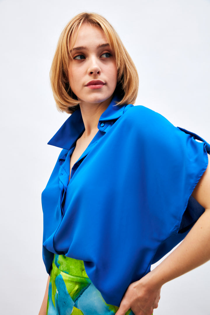 Sateen Chemise ample à détails de manches - Bleu roi
