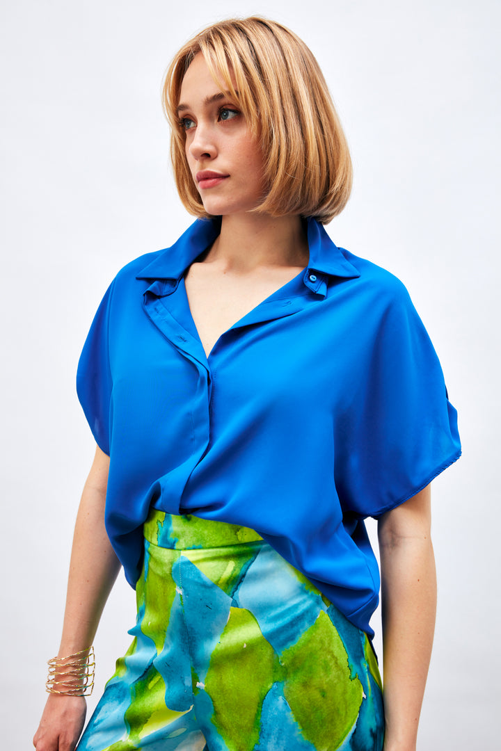 Sateen Chemise ample à détails de manches - Bleu roi