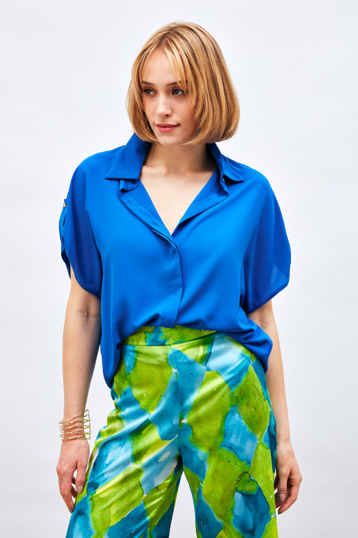 Sateen Chemise ample à détails de manches - Bleu roi