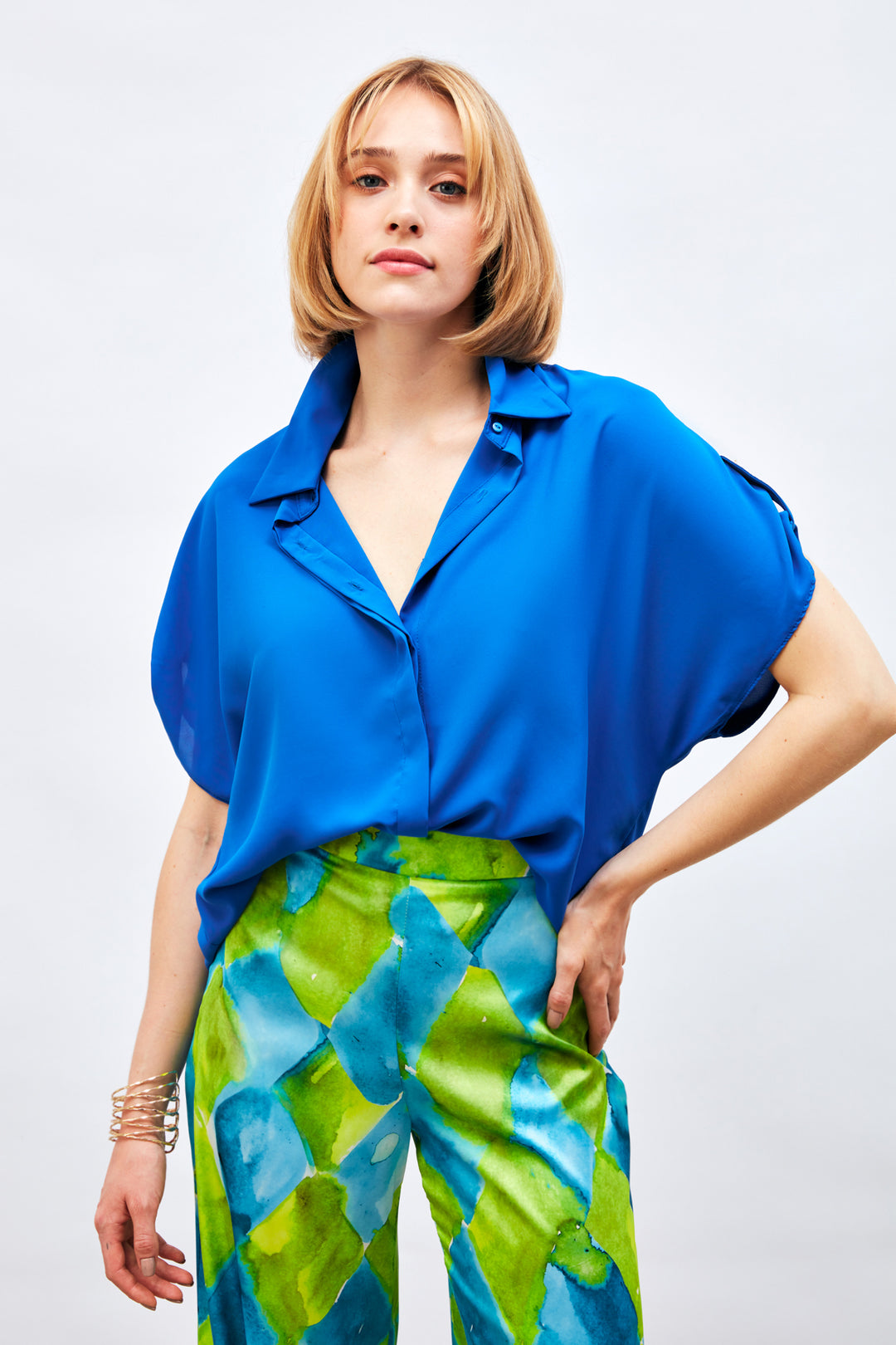 Sateen Chemise ample à détails de manches - Bleu roi