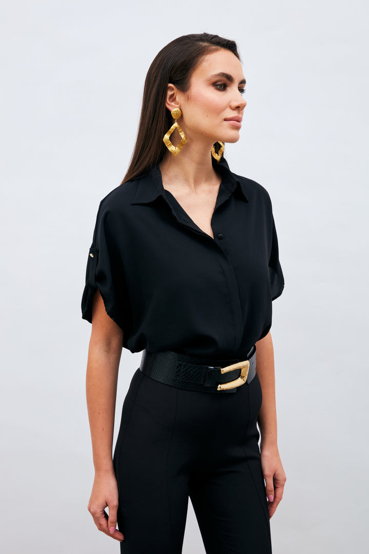 Sateen Chemise ample à détails de manches - Noir