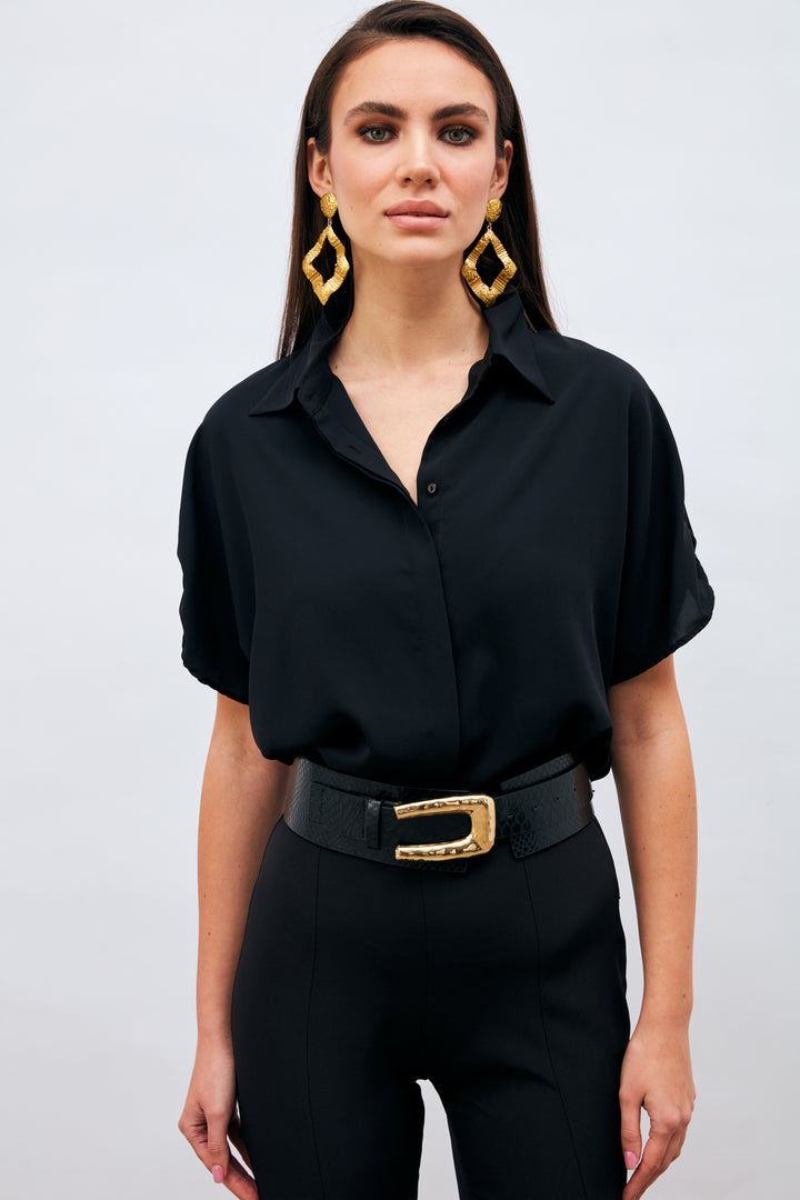 Sateen Chemise ample à détails de manches - Noir