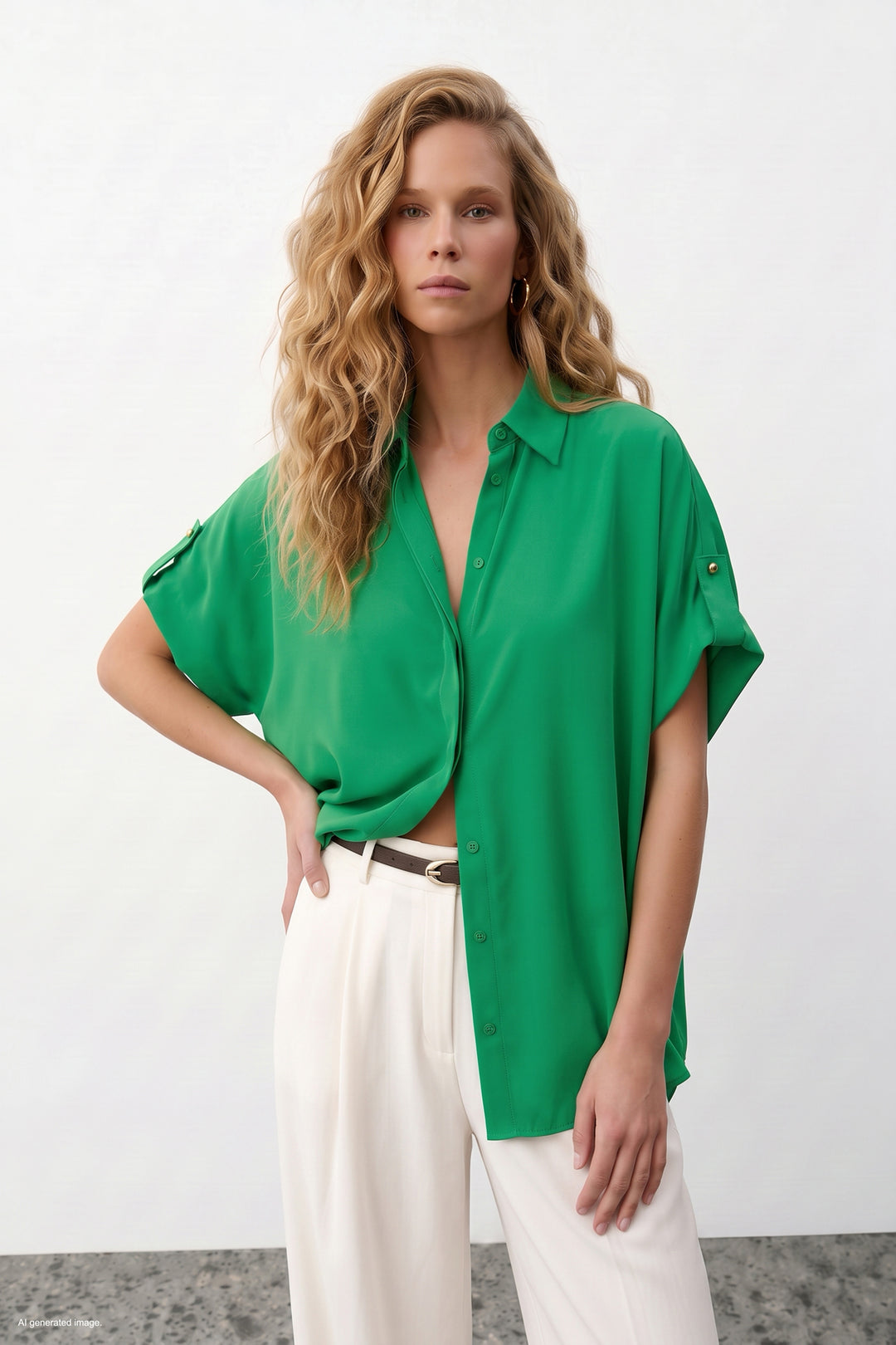 Sateen Chemise ample avec détail aux manches - Vert