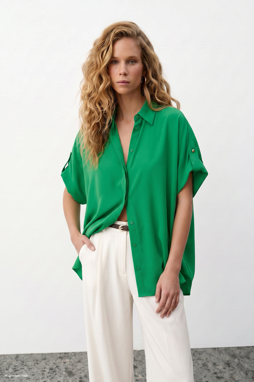Sateen Chemise ample avec détail aux manches - Vert