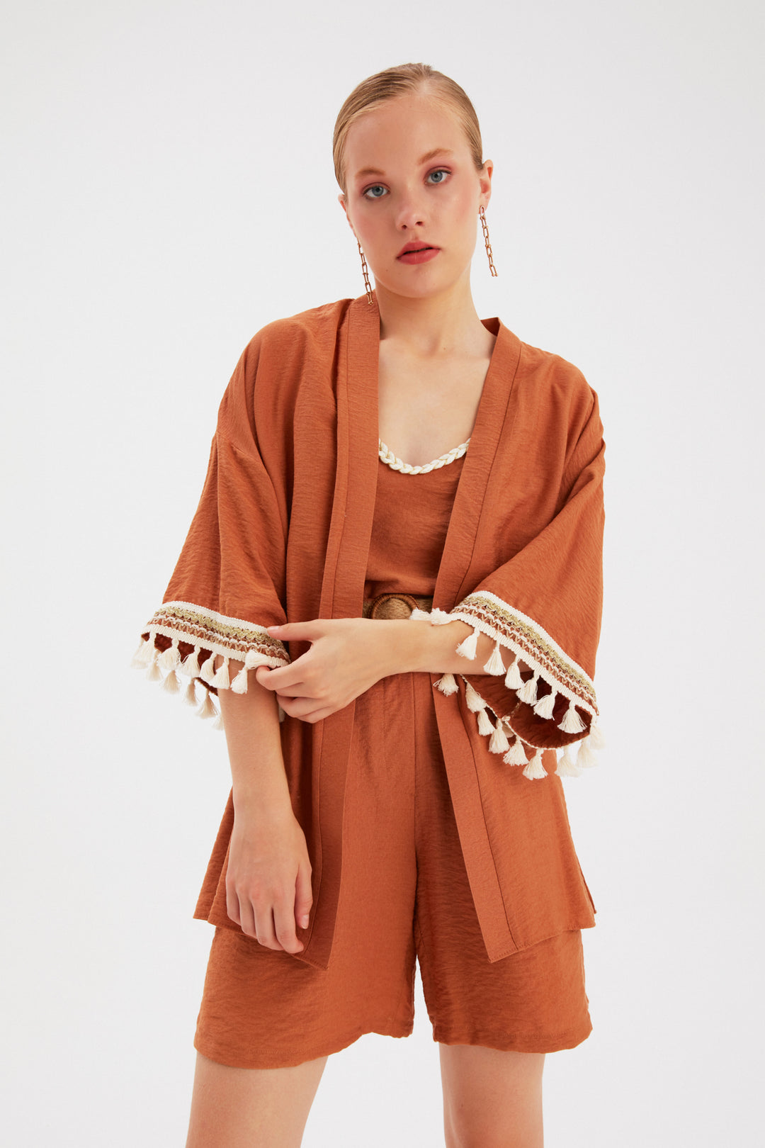 Sateen Kimono ample en lin avec détail de manches - Tabac