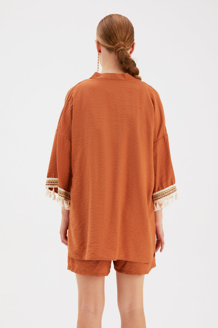 Sateen Kimono ample en lin avec détail de manches - Tabac