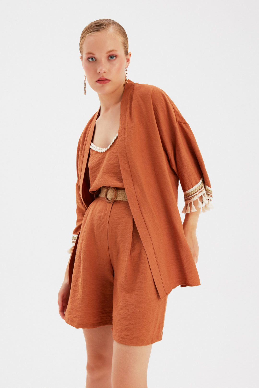 Sateen Kimono ample en lin avec détail de manches - Tabac