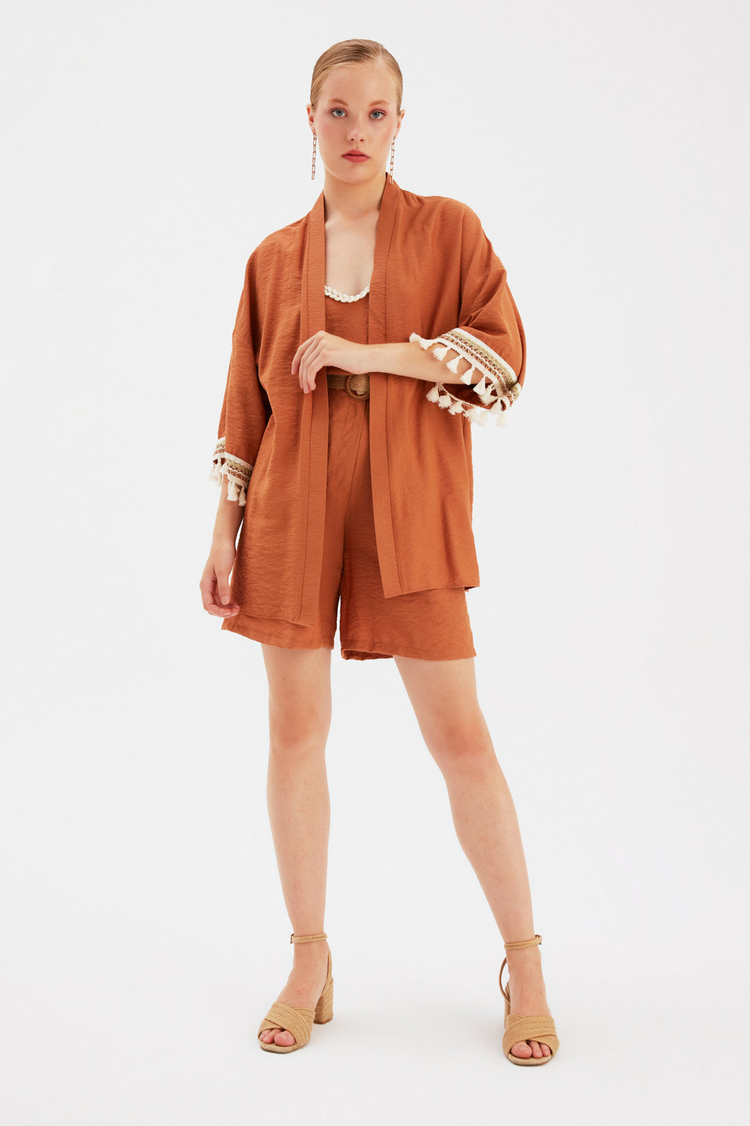 Sateen Kimono ample en lin avec détail de manches - Tabac