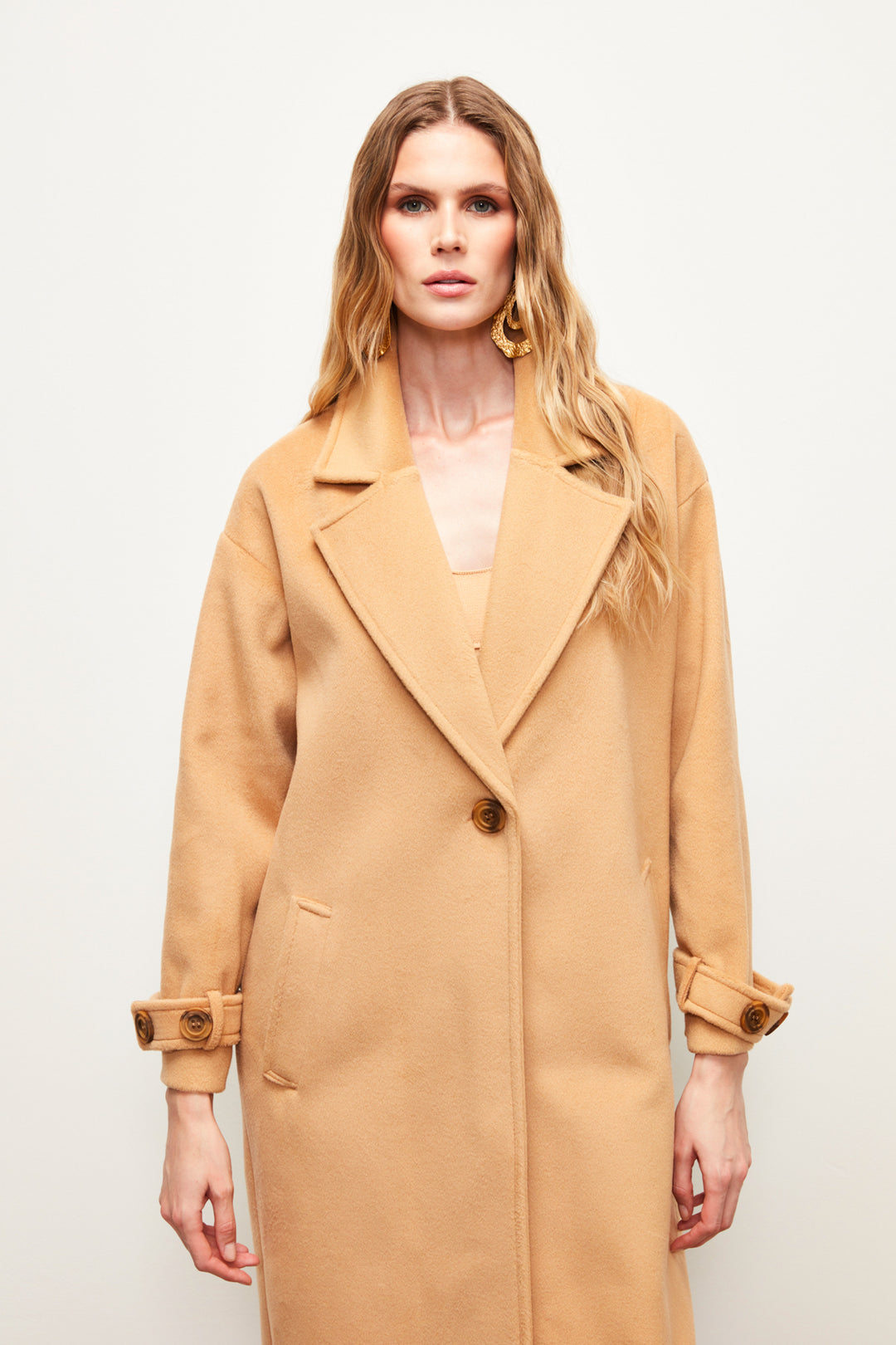Sateen Manteau Ample avec Détails de Ceinture - Camel