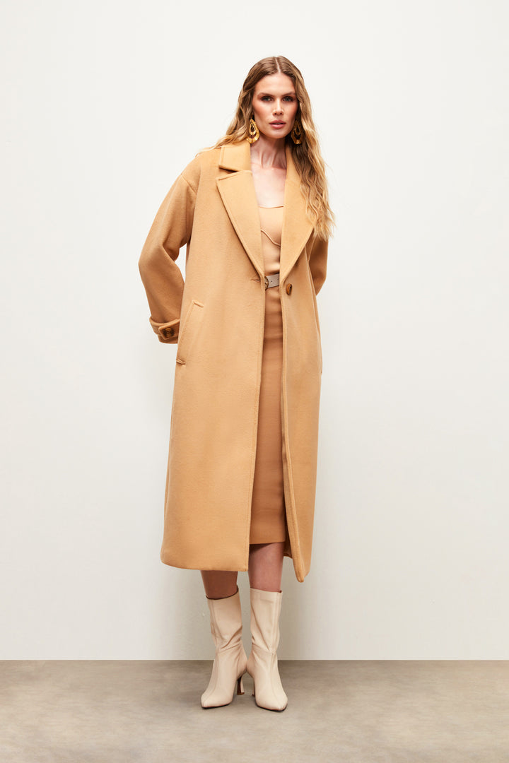 Sateen Manteau Ample avec Détails de Ceinture - Camel
