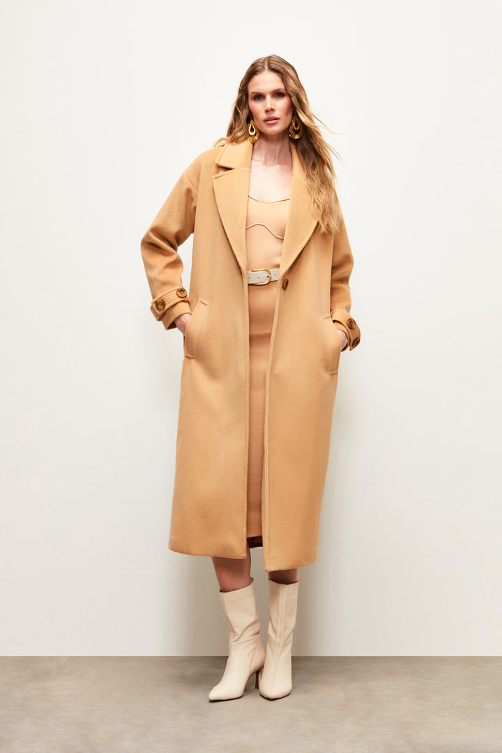 Sateen Manteau Ample avec Détails de Ceinture - Camel