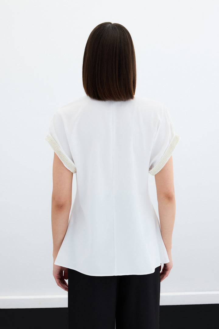 Sateen Blouse Ample Détail Pierre aux Manches - Écru