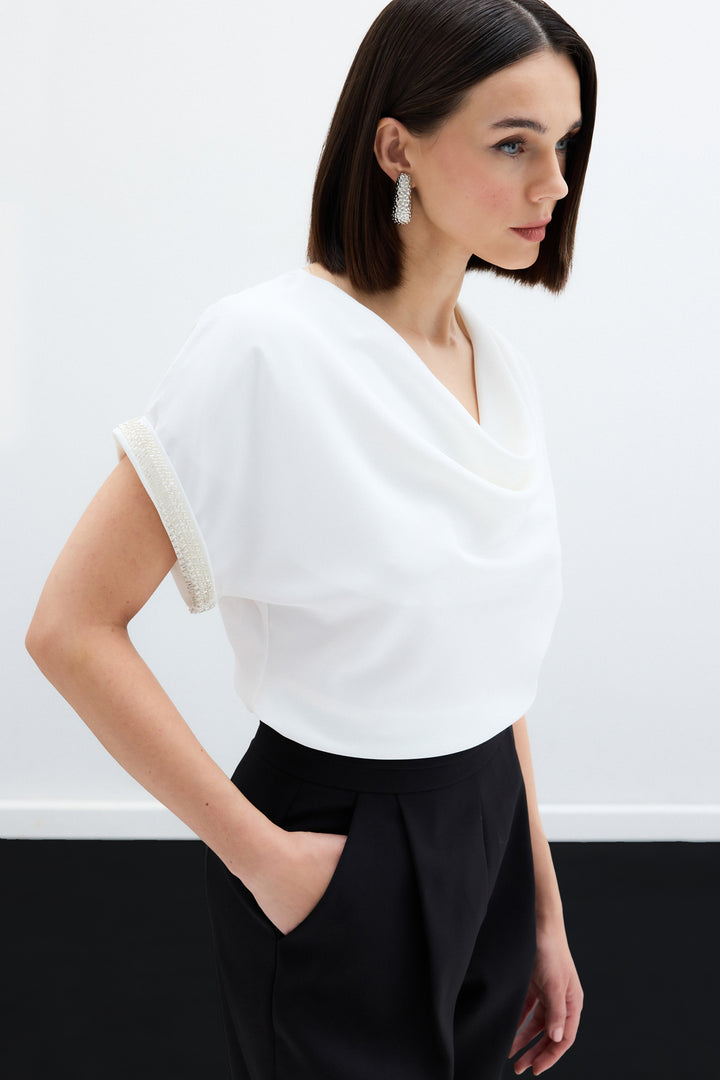 Sateen Blouse Ample Détail Pierre aux Manches - Écru