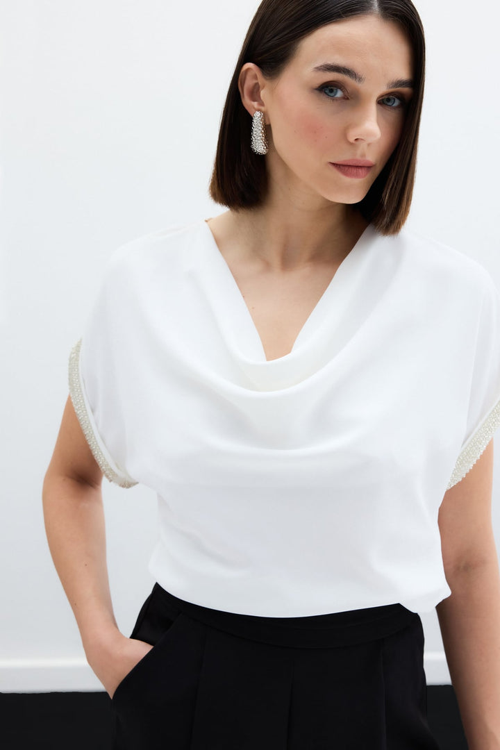 Sateen Blouse Ample Détail Pierre aux Manches - Écru