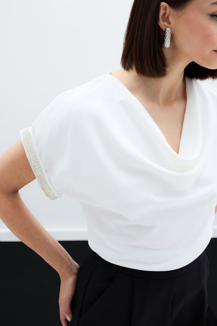 Sateen Blouse Ample Détail Pierre aux Manches - Écru
